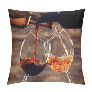 Personality  White And Red Wine Pouring In Glasses On Wooden Background Pillow Covers
