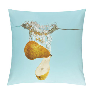 Personality  Cut Pear Falling Deep In Water With Splash On Blue Background Pillow Covers