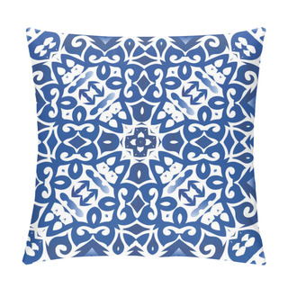 Personality  Portuguese Ornamental Azulejo Ceramic. Vector Seamless Pattern Theme. Original Design. Blue Vintage Backdrop For Wallpaper, Web Background, Towels, Print, Surface Texture, Pillows. Pillow Covers