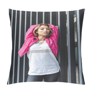 Personality  Low Angle View Of Attractive Asian Stylish Woman Dancing With Raised Arms And Looking At Camera At Urban Street Pillow Covers