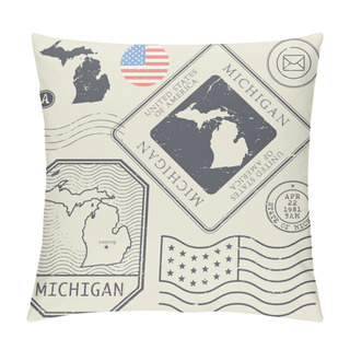 Personality  Retro Vintage Postage Stamps Set Michigan, United States Pillow Covers