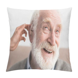 Personality  Woman Hand Helping Grey Haired Man, Wearing Hearing Aid Pillow Covers
