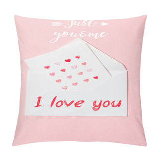 Personality  Top View Of Greeting Card With Hearts In White Envelope With I Love You Lettering On Pink Pillow Covers