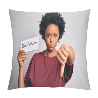 Personality  Young African American Afro Politician Woman With Curly Hair Socialist Party Member With Angry Face, Negative Sign Showing Dislike With Thumbs Down, Rejection Concept Pillow Covers