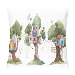 Personality  Beautiful Set With Three Cute Watercolor Children Tree Houses. Stock Illustration. Pillow Covers