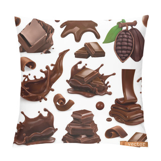 Personality  Chocolate Set. Splashes, Pieces And Chocolate Shavings, Cocoa Bean. 3d Realistic Vector Objects. Food Illustration Pillow Covers