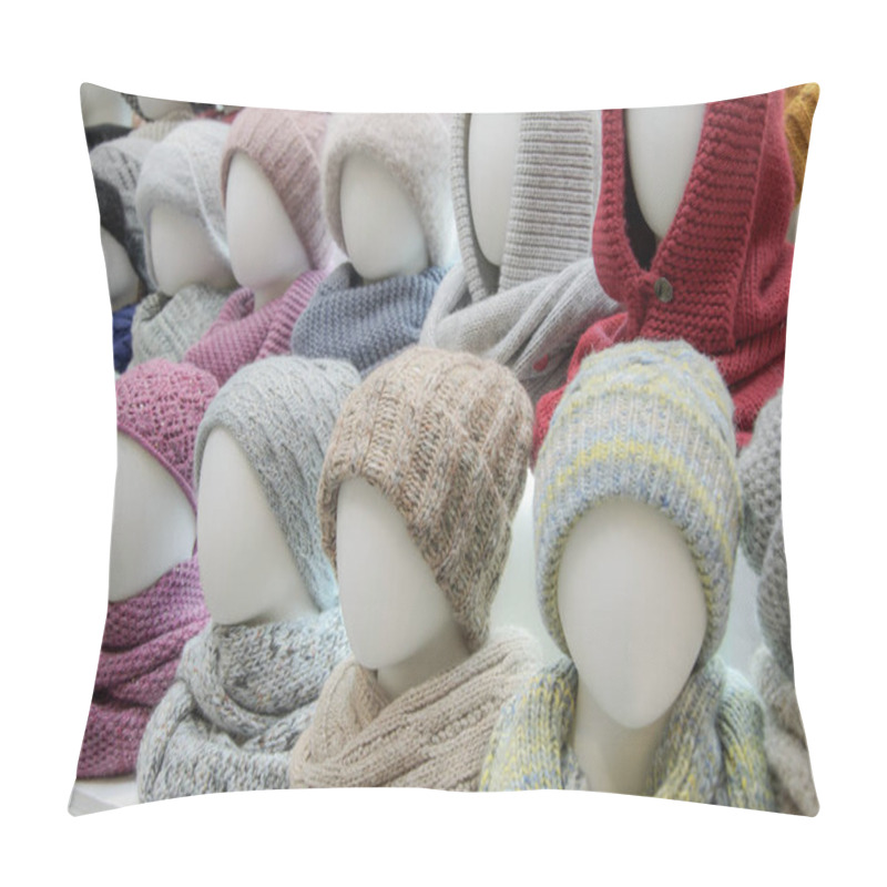 Personality  Showcase Of Trade Tent With Variety Of Women's Hats For The Autumn And Winter Seasons - Knitted Hats, Scarves, Hats. Small And Medium-sized Clothing Business, Product Demonstration, Seasonal Sales. Pillow Covers