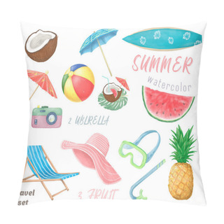 Personality  Set Of Cute Summer Icons: Food, Drinks, Palm Leaves, Fruits And Flamingo. Bright Summertime Poster. Collection Of Scrapbooking Elements For Beach Party. Pillow Covers