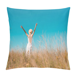 Personality  Back View Of Woman In Straw Hat And White Dress Standing With Raised Hands On Grassy Meadow, Selective Focus Pillow Covers