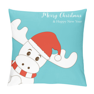Personality  Merry Christmas Card With Cute Dear Wearing Winter Scarf, Winter Holidays Illustration Pillow Covers