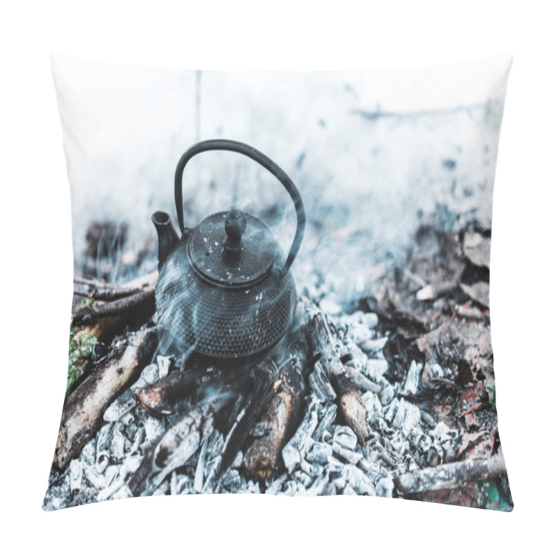 Personality  boiling kettle with steam on firewood and ash in winter forest pillow covers