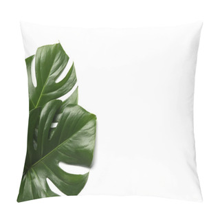 Personality  Flat Lay Composition With Tropical Monstera Leaves And Space For Text On White Background Pillow Covers