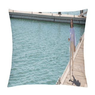 Personality  Full Length Of Brunette Woman With Paper Cup Walking Along Pier, Banner Pillow Covers