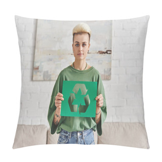 Personality  Young Woman In Stylish Casual Clothes, With Trendy Hairstyle Holding Green Paper Card With Cutout Recycling Symbol And Looking At Camera, Sustainable And Environmentally Conscious Lifestyle Concept Pillow Covers