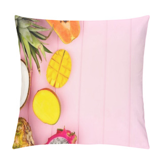 Personality  Tropical Fruit Side Border With Pineapple, Dragon Fruit, Papaya, Coconut And Mango On A Pink Wood Background Pillow Covers