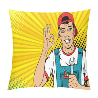 Personality  Wow Male Face. Young Handsome Worker In Coveralls And Baseball Cap Smiles, Winks And Shows Okay Sign Holds Wrench. Vector Illustration In Retro Comic Pop Art  Style.  Advertising Invitation Poster. Pillow Covers