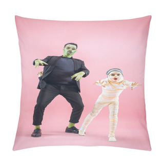 Personality  Halloween Family. Happy Father And Children Girl In Halloween Costume And Makeup Pillow Covers