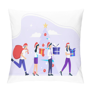 Personality  Vector Business People Walking On Corporate Party With Gifts And Greetings. Happy Colleagues Carrying Giftbox And Preparing For Winter Season Holidays Event. Cartoon Flat Vector Illustration Pillow Covers