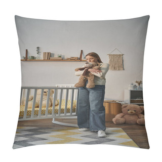 Personality  Frustrated Despondent Woman With Soft Toy Standing Near Crib In Bleak Nursery Room At Home Pillow Covers