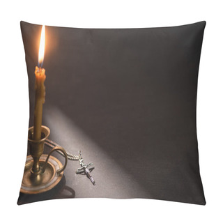 Personality  Church Candle In Candlestick Burning Near Catholic Cross In Dark With Sunlight Pillow Covers