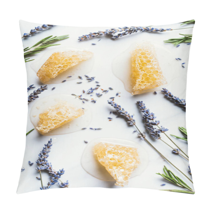 Personality  elevated view of honeycombs, lavender and rosemary on white table  pillow covers