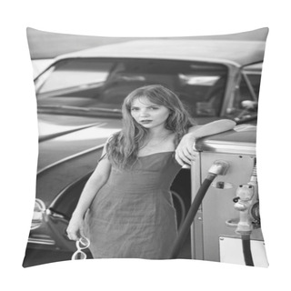 Personality  Retro Car. Gas Station Girl. Woman Refuel The Auto. Red Retro Automobile Pillow Covers