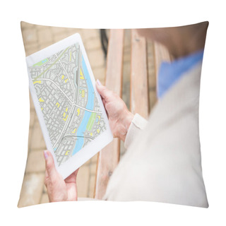 Personality  Selective Focus Of Senior Woman Holding Digital Tablet With Map On Screen Pillow Covers