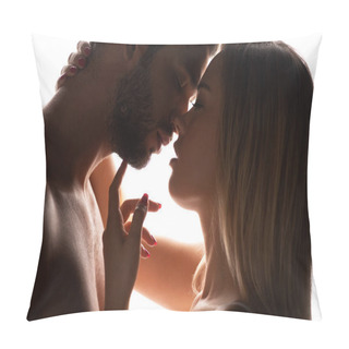 Personality  Close Up Of Seductive Woman Kissing Sensual Man, Isolated On White Pillow Covers