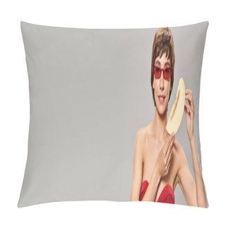 Personality  Woman In Red Bathing Suit With Melon. Pillow Covers