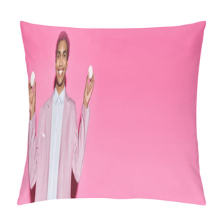 Personality  Good Looking Male Model Smiling Unnaturally And Holding Delicious Zefir In His Hands, Banner Pillow Covers