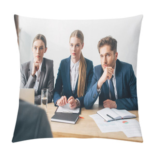 Personality  Selective Focus Of Recruiters Looking At Employee During Job Interview In Office  Pillow Covers