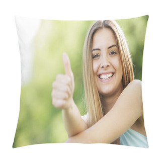 Personality  Happy Young Woman Showing Thumbs Up Sign Pillow Covers