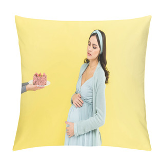 Personality  Pregnant Woman Touching Belly Near Tasty Dessert Isolated On Yellow Pillow Covers
