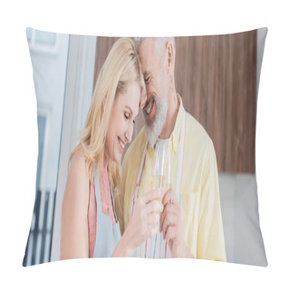 Personality  Smiling Mature Woman Clinking Champagne With Husband In Apron At Home, Banner  Pillow Covers