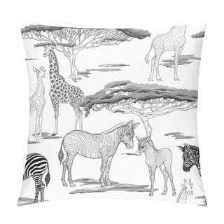 Personality  Seamless Pattern, Background  With Adult Zebra And Giraffe  And Zebra And Giraffe Cubs. Vector Illustration.   Pillow Covers