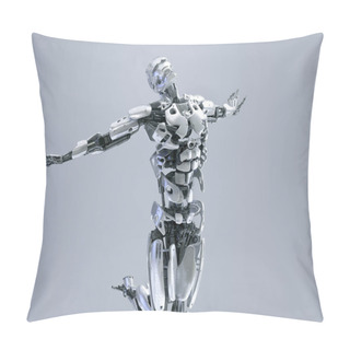 Personality  A Male Humanoid Robot, Android Or Cyborg Arms Up Pose, Freedom Or Happiness Concept. Artificial Intelligence Technology Concept. 3D Illustration Pillow Covers