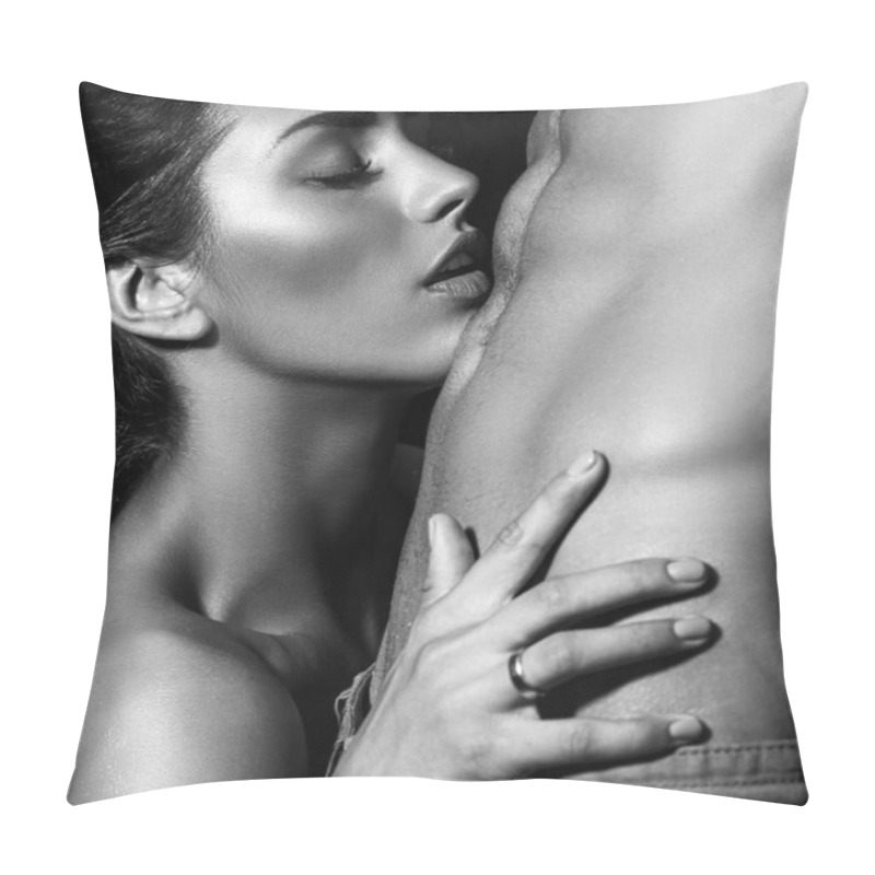 Personality  Tender kiss. Undressed couple in love hugging passionately. Sexy seduction. Naked body, nude torso. Romantic tender. Erotic people concept pillow covers