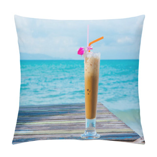 Personality  Ice Coffee On Wooden Table With Sea Background Pillow Covers