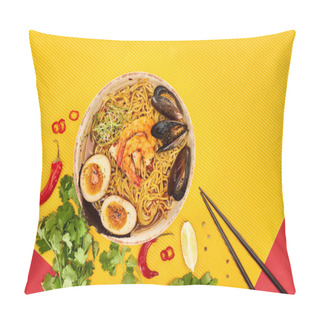 Personality  Top View Of Seafood Ramen Near Fresh Ingredients And Chopsticks On Yellow And Red Surface Pillow Covers