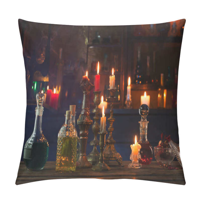 Personality  Magic Potions In Bottles On Wooden Background  Pillow Covers