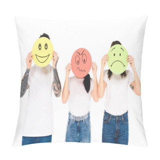 Personality  Group Of Young People Holding Round Cards With Different Face Expressions Isolated On White Pillow Covers