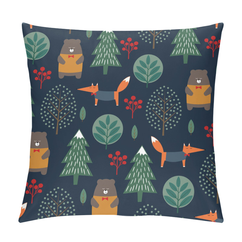 Personality  Fox, bear, trees seamless pattern on dark blue background. pillow covers