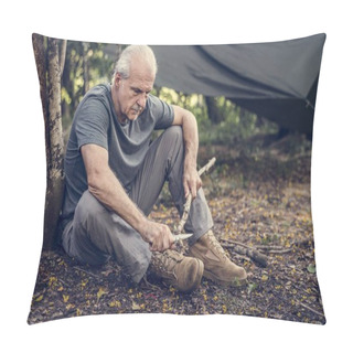 Personality  Caucasian Mature Man Cutting Firewood With Knife In Forest Near Tree And Tent  Pillow Covers
