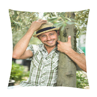 Personality  Farmer Resting Beside His Olive Plants After Arvesting Olives Pillow Covers