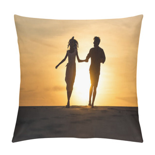 Personality  Silhouettes Of Man And Woman Running On Beach Against Sun During Sunset Pillow Covers
