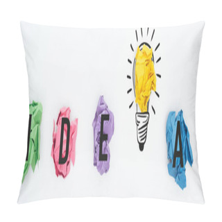 Personality  Panoramic Shot Of Multicolored Crumpled Paper Balls, Idea Word And Light Bulb Illustration On White Background, Business Concept Pillow Covers