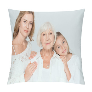 Personality  Smiling Granddaughter And Mother Hugging Grandmother Isolated On Grey  Pillow Covers