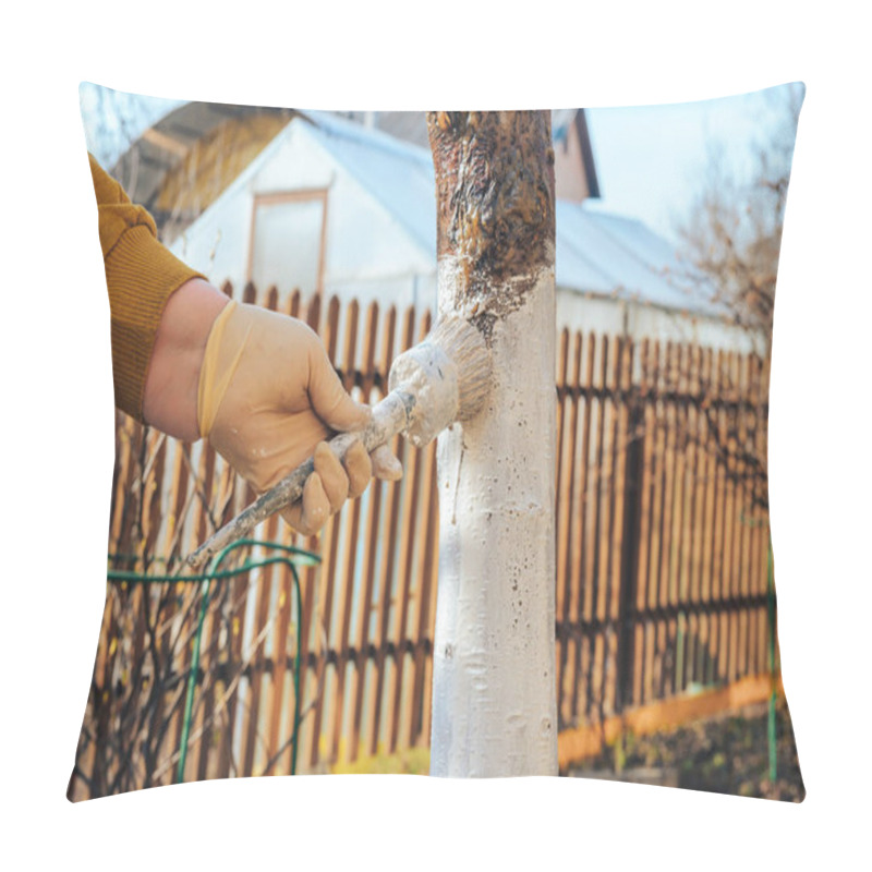 Personality  Brush in hand bleaches the trunk of a fruit tree preparing the garden for flowering, caring for fruit trees on a country plot. pillow covers