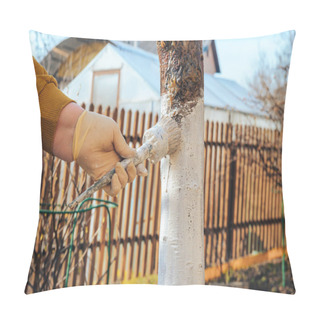 Personality  Brush In Hand Bleaches The Trunk Of A Fruit Tree Preparing The Garden For Flowering, Caring For Fruit Trees On A Country Plot. Pillow Covers
