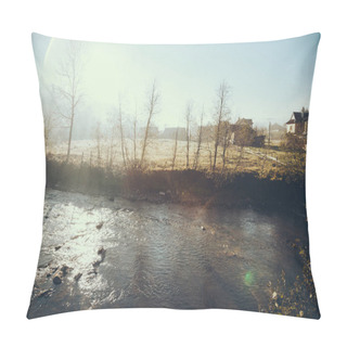 Personality  Scenic Shot Of River In Vorokhta Town On Sunny Morning, Carpathians, Ukraine Pillow Covers
